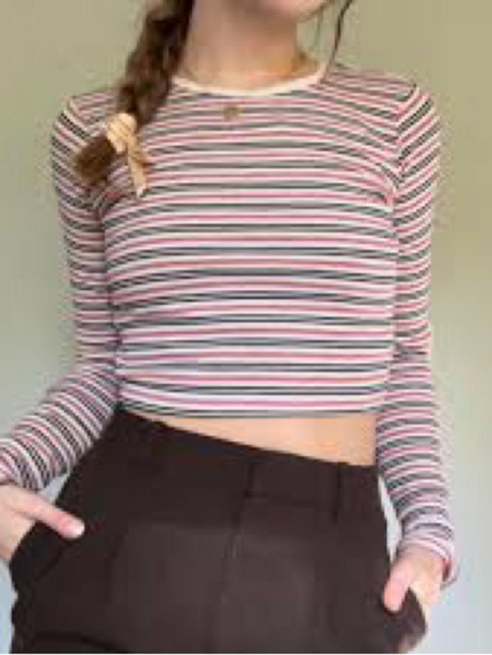 Brandy Melville Striped Ribbed Long Sleeve Crop Top Cream Pink One Size